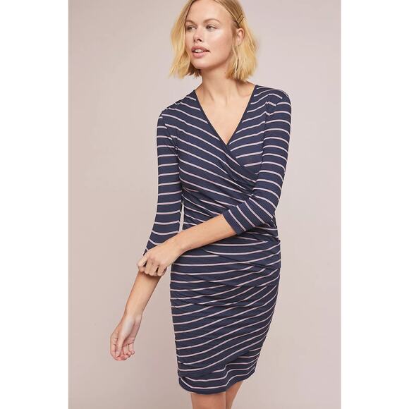 NEW Anthropologie Sundry Fabian Dress Sundry Faux Wrap Dress Stripe Ruched Small - Picture 12 of 12